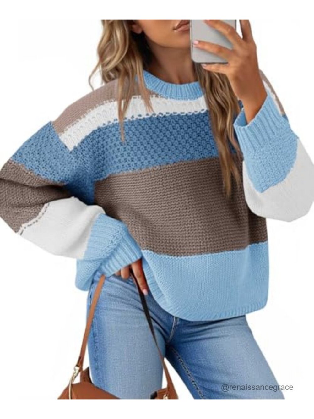 Cropped Color Block Pullover Sweater Crew Neck Long Sleeve Knit